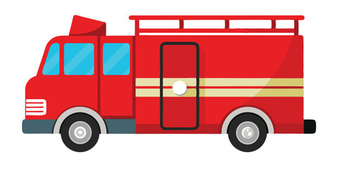 Red Cartoon Fire Engine Illustration With Ladder And Blue Windows Isolated On White