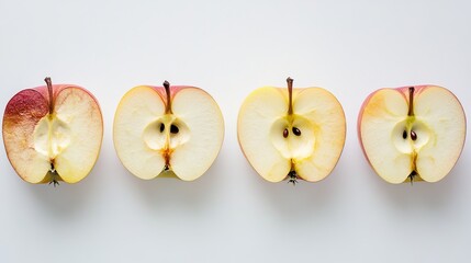 Fresh apple halves comparison showing oxidation and browning process on white background studio shot