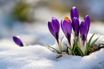 Early spring crocuses emerging from beneath a blanket of snow, their vibrant purple petals pushing through