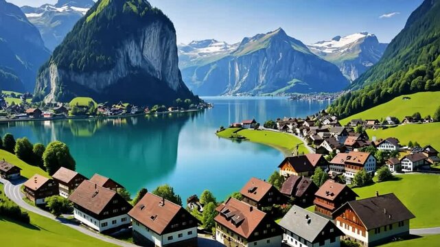 Lake lucerne village nestled by mountains with green meadows and houses with red roofs scenic view