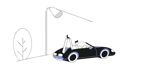 Fototapeta premium Minimalist Illustration Man Driving Convertible Car Under Street Light White Background