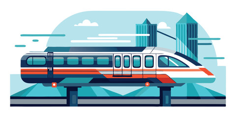 Modern High Speed Train With Cityscape Background In Flat Vector Illustration