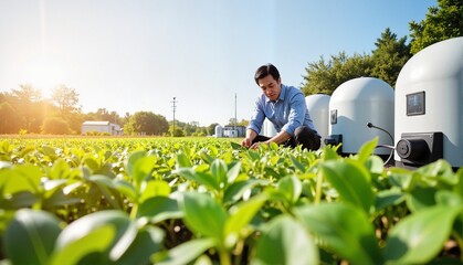 Young Asian man examining healthy green plants in a sunlit agricultural field with modern equipment in the background, sustainable farming concept of agriculture or environment