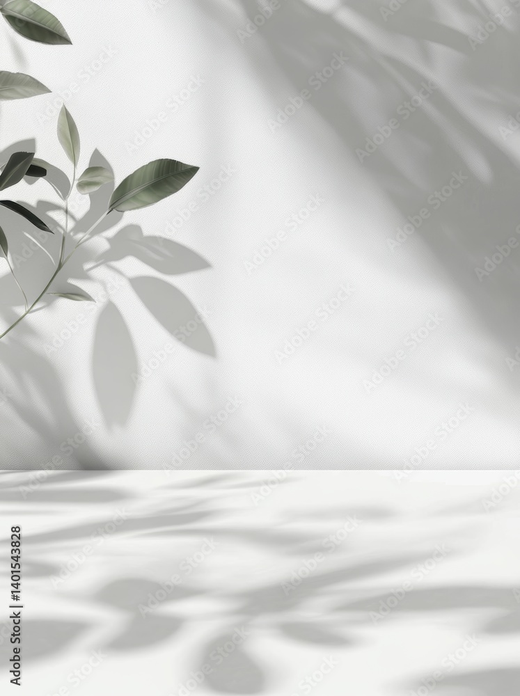 Poster light and shadow interplay with a plant casting intricate patterns on a wall in a serene indoor sett