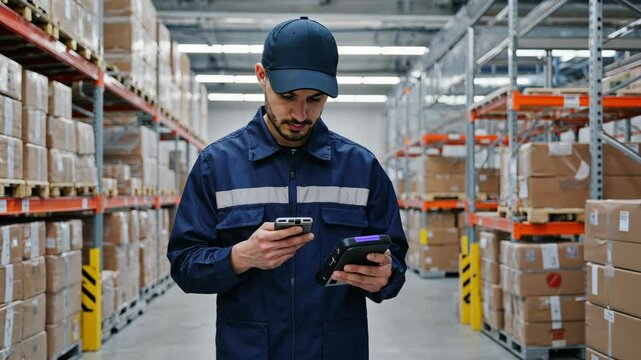 Warehouse worker checks inventory using smartphone and barcode scanner in distribution center among rows of stacked boxes.