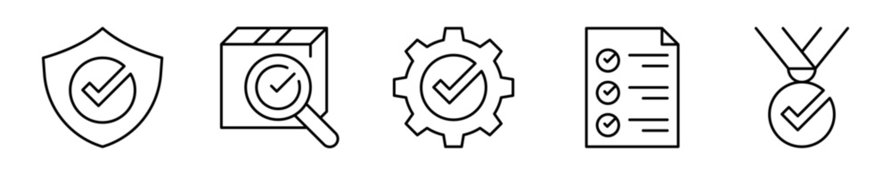 Conjunto de iconos de control de calidad. Evaluaci&oacute;n, cumplimiento y garant&iacute;a de est&aacute;ndares. Escudo validado, revisi&oacute;n de producto, proceso aprobado, lista verificada, medalla de calidad