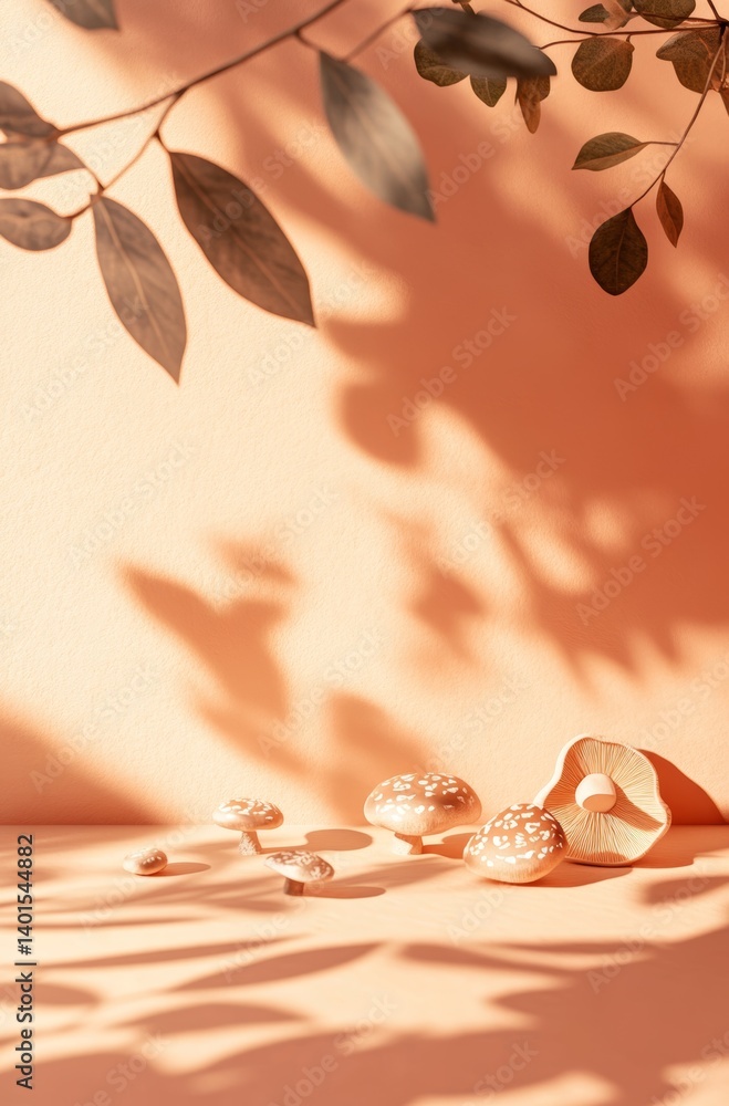 Poster shadows and mushrooms create a tranquil atmosphere in a warm-toned environment filled with natural e