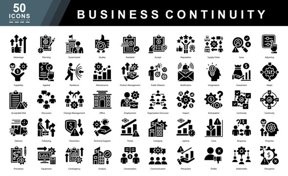 Business continuity glyph icon set covering risk planning, resilience, disruption response, and operational strategy. Ideal for corporate preparedness, crisis management, and workflow design.