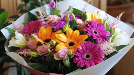 Obraz premium Colorful Floral Bouquet Featuring Gerberas, Lilies, and Assorted Flowers Arranged for a Gift or Decoration in a Vibrant Indoor Setting