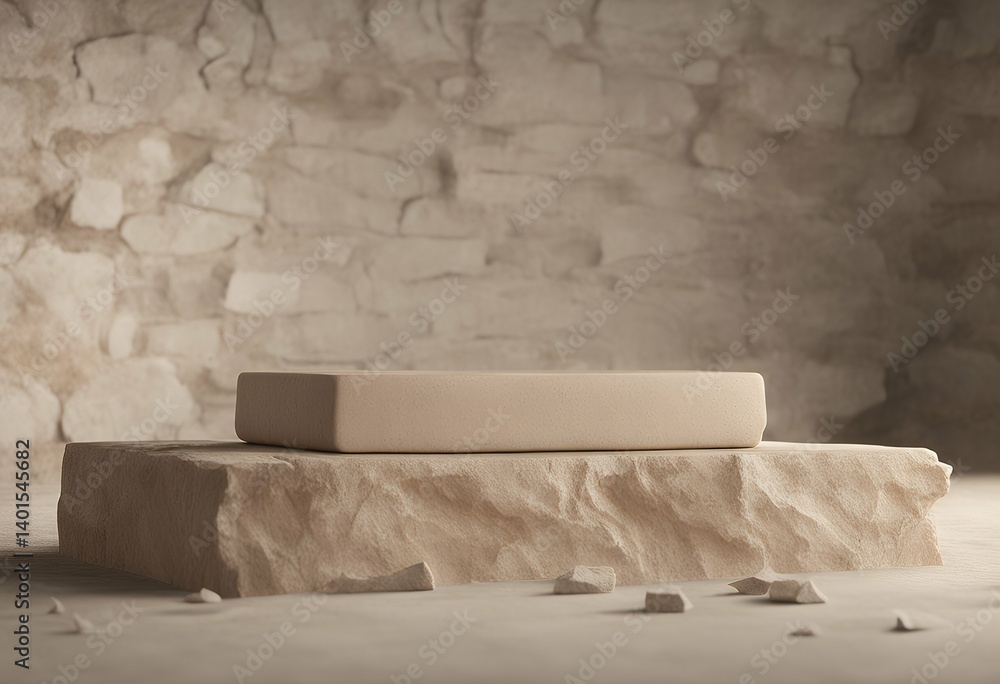 Poster 3d broken scene wall background rendering beige placement product podium wooden block slab presentat
