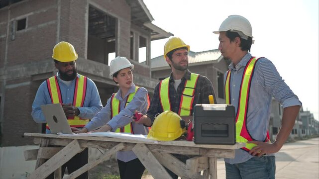 Group of architects and engineers work together to assess the residential home construction site's progress