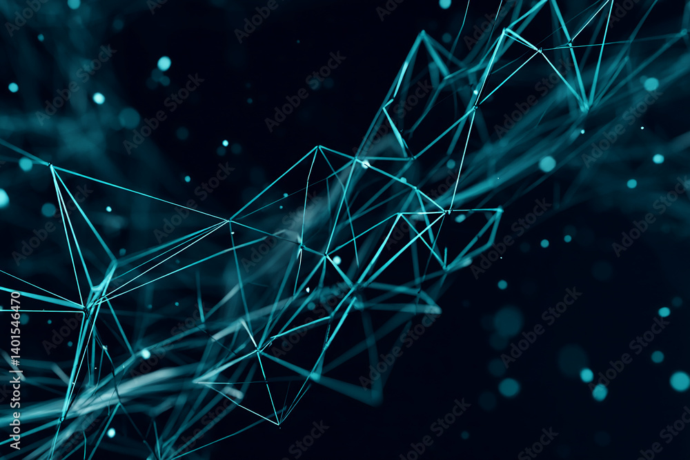 Poster abstract teal network structure, glowing lines and nodes on dark background, symbolizes connection, 