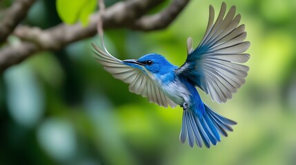 Vibrant blue bird with outstretched wings flies gracefully through green forest habitat displaying iridescent feathers, copy space