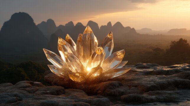 Glowing crystal lotus on rocky mountain landscape during sunset, mystical and serene atmosphere. Fantasy nature and meditation concept.