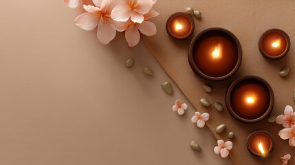 Fototapeta premium Minimal festive background with glowing diyas, clean center, side floral decor