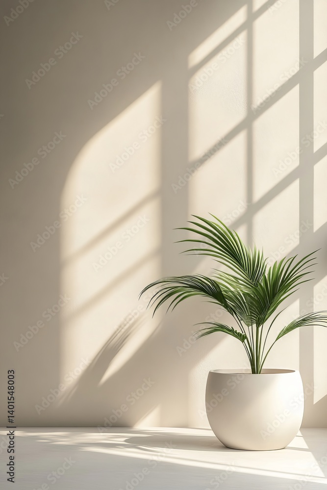 Poster sunlight filters through large windows creating soft shadows in a minimalist interior space with a s