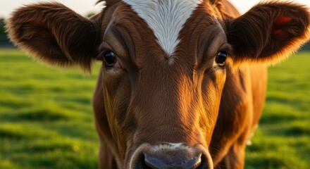 Close up of a brown and white cow in a green field.