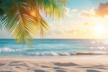 Serene sunset beach scene with palm leaves, tranquil ocean waves, and soft sand.