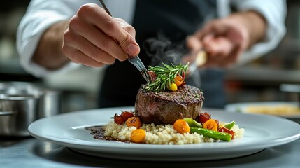 Steak dinner plating food photography professional chef gourmet cuisine fine dining restaurant meal presentation 100