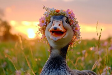 Summer happiness. Golden hour in sunset. Cute adult animal duck wearing free flower wreath on its head. Gentle wild beauty in summer. Majestic wildlife in summer. Soft elegance in the wild.