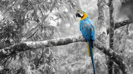 Obraz premium Blue macaw parrot bird wildlife tropical avian nature colorful branch exotic animal feathers perched tree forest