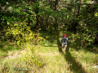 man hiking on hill in Southern Alps in France