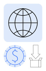 Globe with grid lines, blue dollar coin, downward arrow pointing to open box. Ideal for trade, e-commerce, shipping, globalization, commerce, logistics and finances in flat simple metaphor