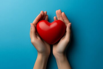 Fototapeta premium An overhead image of hands cradling a red heart, symbolizing health and care, in celebration of Heart Day, Health Day, and Donor Day, with a blue backdrop