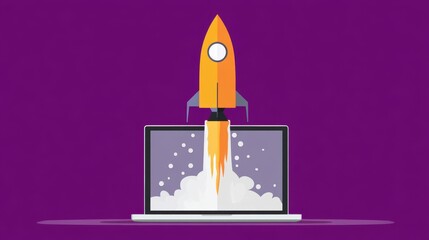 Obraz premium Laptop and rocket illustration, purple background. Generative AI.