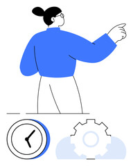 Woman in blue top pointing forward, clock symbol for time focus, gear for productivity. Ideal for organization, time management, planning, business strategy, goal setting, problem solving