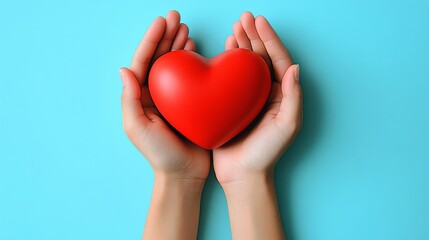 A red heart nestled in hands on a blue background, symbolizing global health and care. Suitable for World Health Day, World AIDS Day, and medical-themed designs