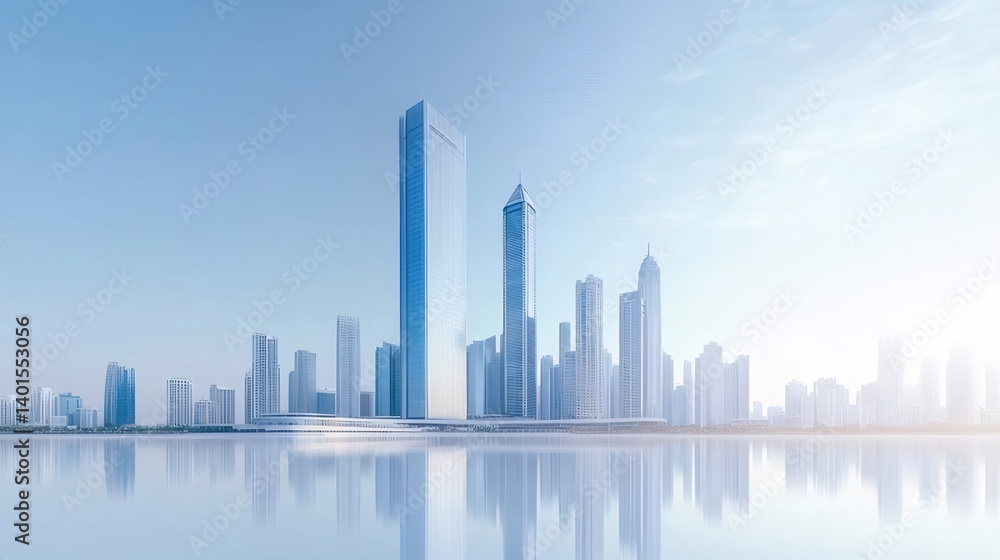 Aufkleber 青い空と水面に映る未来的な都市景観 高層ビル群と洗練された建築美