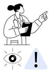 Medical professional holding clipboard and pointing, paired with eye for vision awareness and caution triangle. Ideal for healthcare, safety, warning, medical advice, attention, awareness, prevention