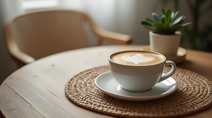 Cappuccino with Latte Art on Wooden Table in Cozy Minimalist Interior