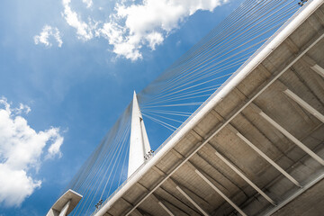 Modern Ada Bridge towering over blue sky in Belgrade, Serbia