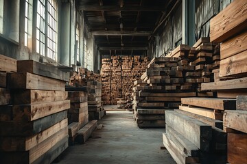 Inside a classic sawmill, tall stacks of timber create a rustic, vintage backdrop ideal for DIY projects or creative branding