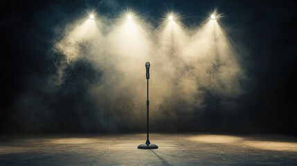 A solitary microphone on stage, illuminated by dramatic spotlighting, surrounded by a misty atmosphere, suggesting an upcoming performance.