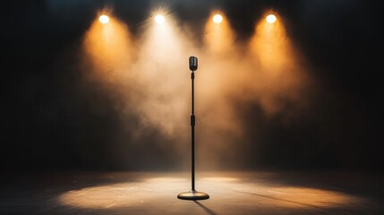A vintage microphone stands alone on stage, illuminated by warm spotlight beams, creating an atmospheric and dramatic setting.
