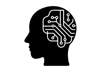 Digital Brain: An intricate digital circuit design merges seamlessly with the silhouette of a human head, visualizing the intricate link between technology and human intellect.