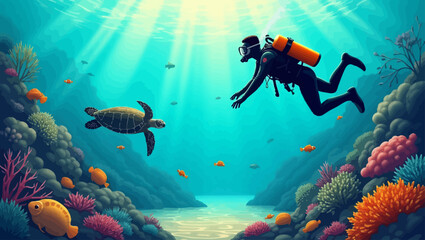 Cartoon vector of a scuba diver exploring the ocean floor near a swimming sea turtle surrounded by reef fish