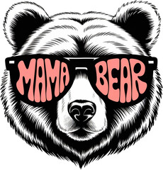 Bold graphic of a bear wearing sunglasses with "Mama Bear" text across the lenses, combining retro style with fierce mom pride.