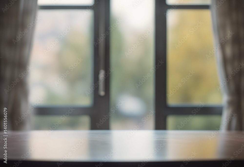 Aufkleber view empty table top through curtained blurred abstract window summer product glasses sunny counter 