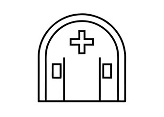 Obraz premium Healthcare Icon: A straightforward outline of a hospital entrance, featuring double doors and a prominent medical cross, offering a visual shorthand for health and care.