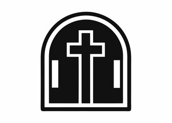 Obraz premium Simple Cross Tombstone Symbol: A clean, minimalist symbol of a cross set within a tombstone, representing themes of faith, memorial, and remembrance.