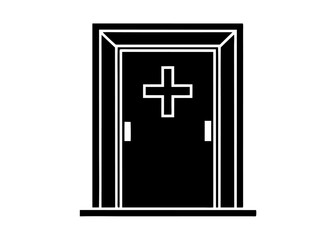 Obraz premium Medical Doorway: A symbol of hope and care, a stark silhouette of a medical door, emblazoned with a cross, invites viewers into a realm of healing and compassion.