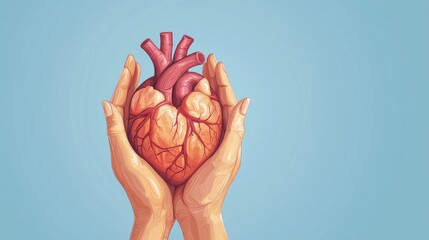 A heart is cradled by two hands, colored blue and red