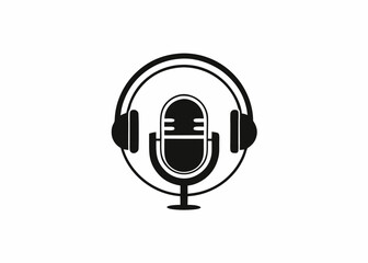 Podcasting Icon: A minimalist illustration of a microphone enveloped by headphones, set against a neutral background. This image captures the essence of audio recording, broadcasting.