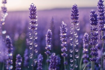 Obraz premium Lavender Backdrops with Water Beads in a Tranquil Shadowy Field