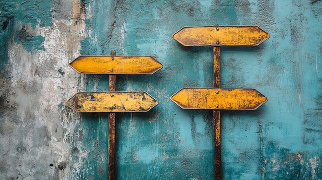Yellow direction signs on textured wall background direction signs road signs travel signs wayfinding - Powered by Adobe