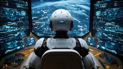 Robot monitoring Earth from futuristic control center.